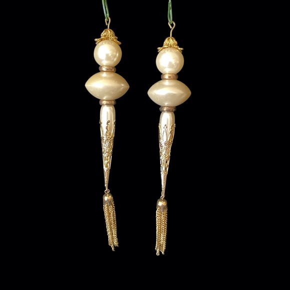 Set of 8 Gold White Pearls, Tassels, Crochet, Angel, Vintage Christmas Ornaments - Picture 8 of 9